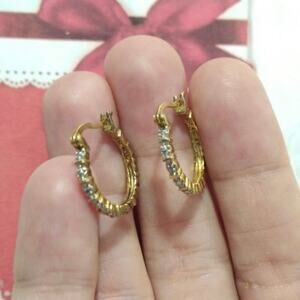 Diamond 14k yellow gold on 925 Sterling Silver Huggie Hoop Earrings RSE Signed